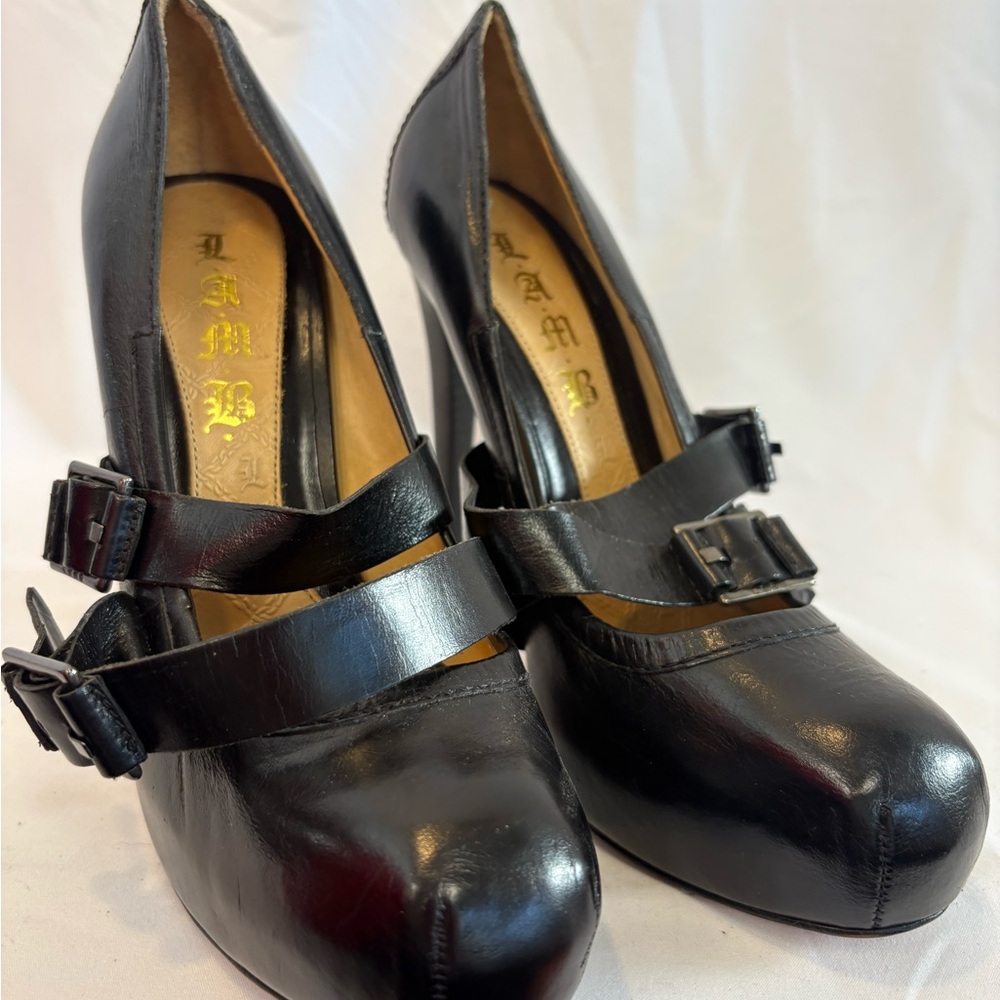 L.A.M.B. Black Leather Buckle Heels